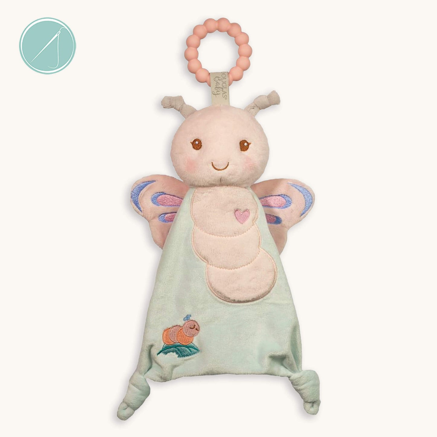 Bria butterfly teether soft toy with pale pink 100% silicone teething ring, pastel plush butterfly with embroidered wings, 10 inch, machine washable