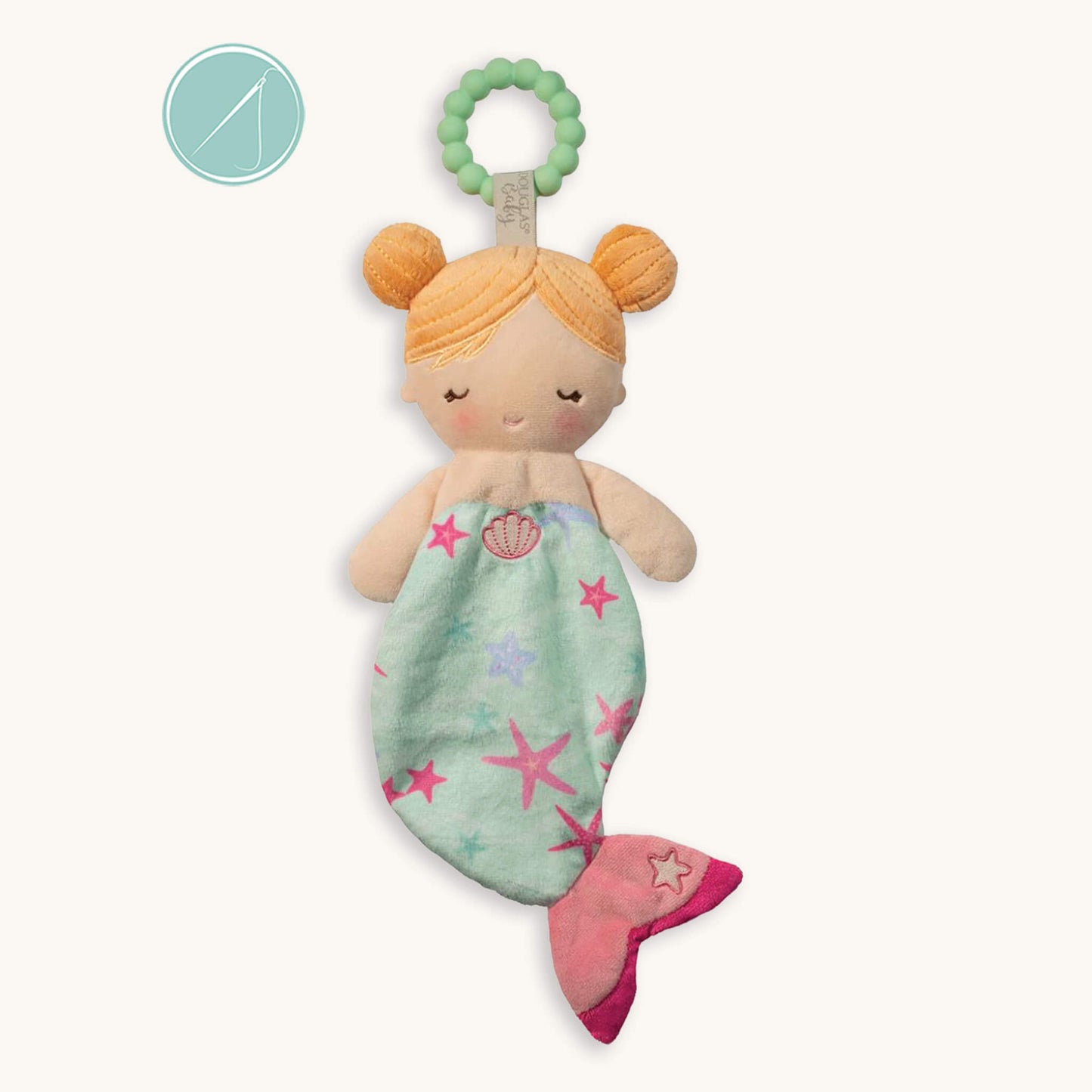 Cora mermaid baby teether soft toy with pastel green silicone teether ring, sea star print, 10 inch, machine washable