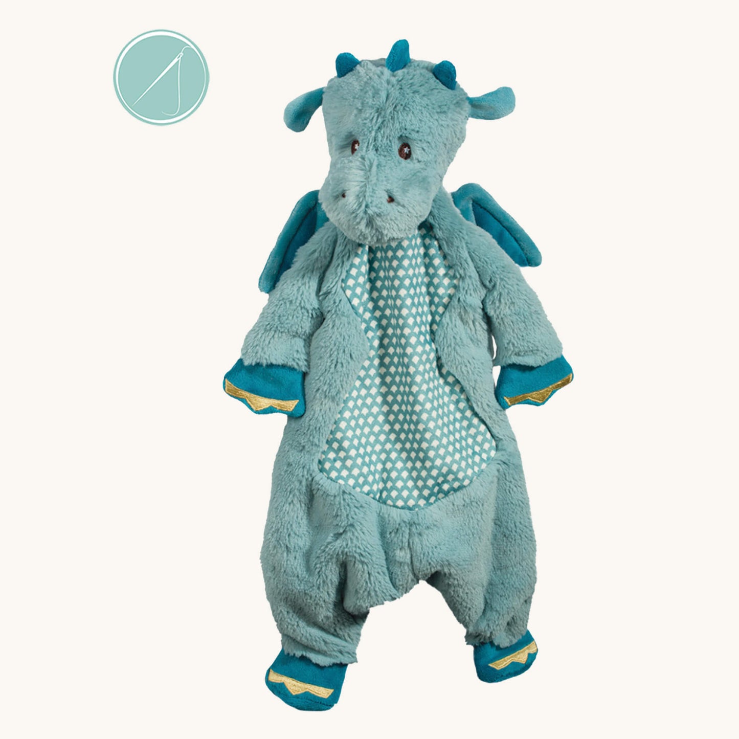 Demitri dragon sshlumpie lovey 19 inch long in muted blue plush with soft wings and golden embroidered claw details, machine washable, birth+