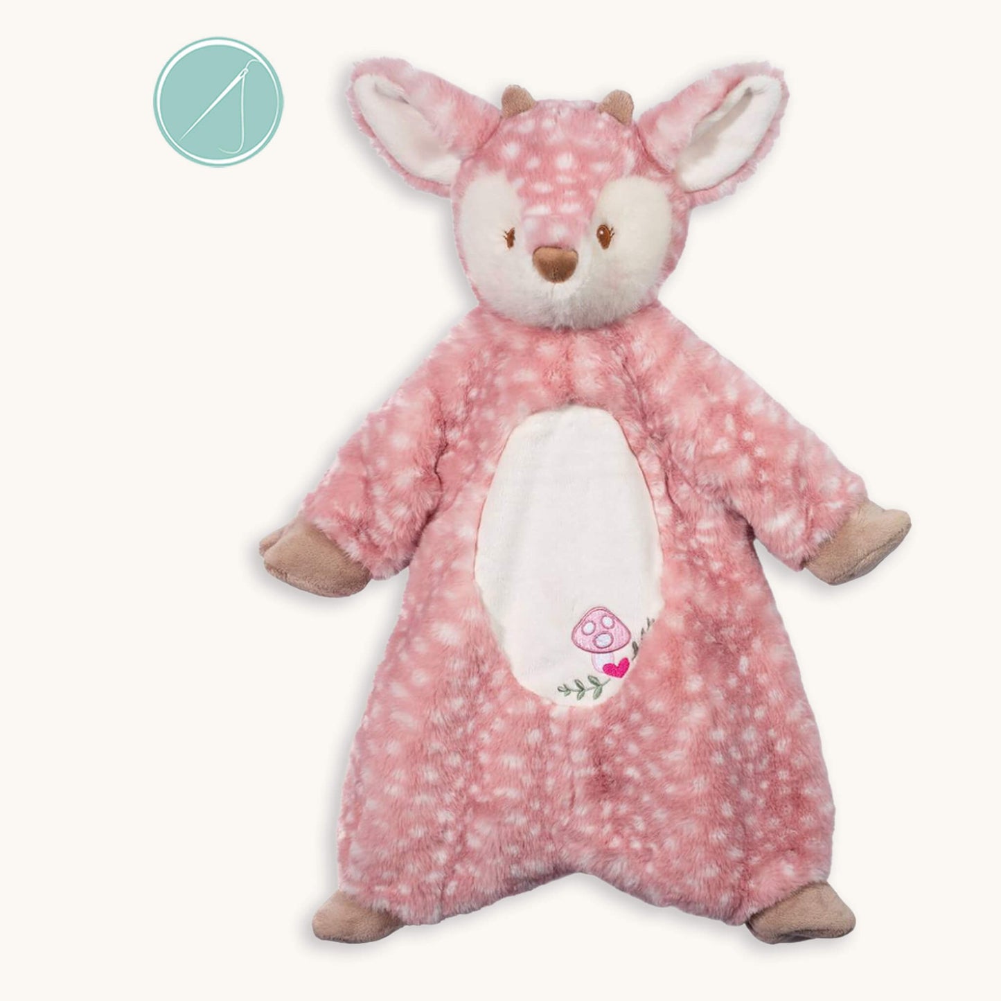 Farrah pink fawn sshlumpie lovey 19 inch long plush blankie with white spots and embroidered face, toadstool and heart tummy detail, machine washable, birth+