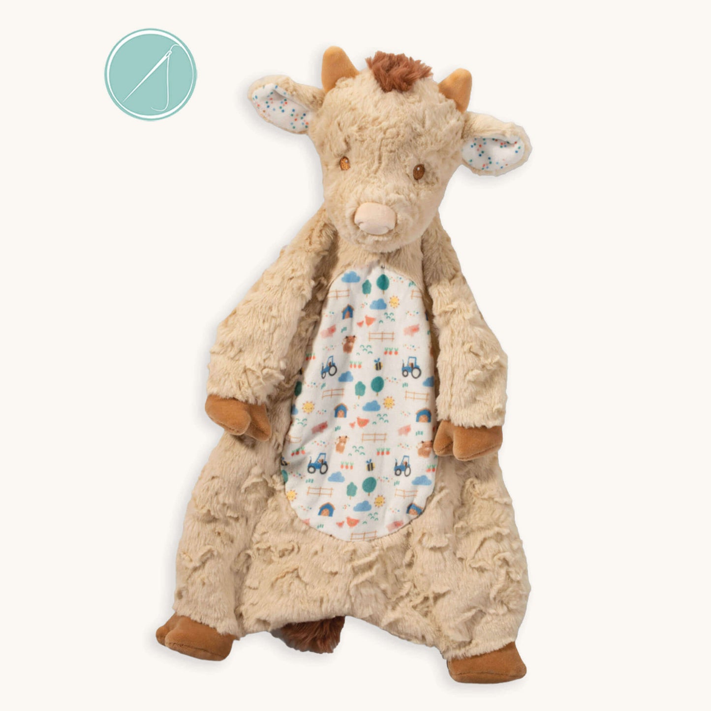 Hayes highland cow sshlumpie lovey 19 inch long with shaggy plush cow top, embroidered face details and patterned blanket body, baby comfort blankie