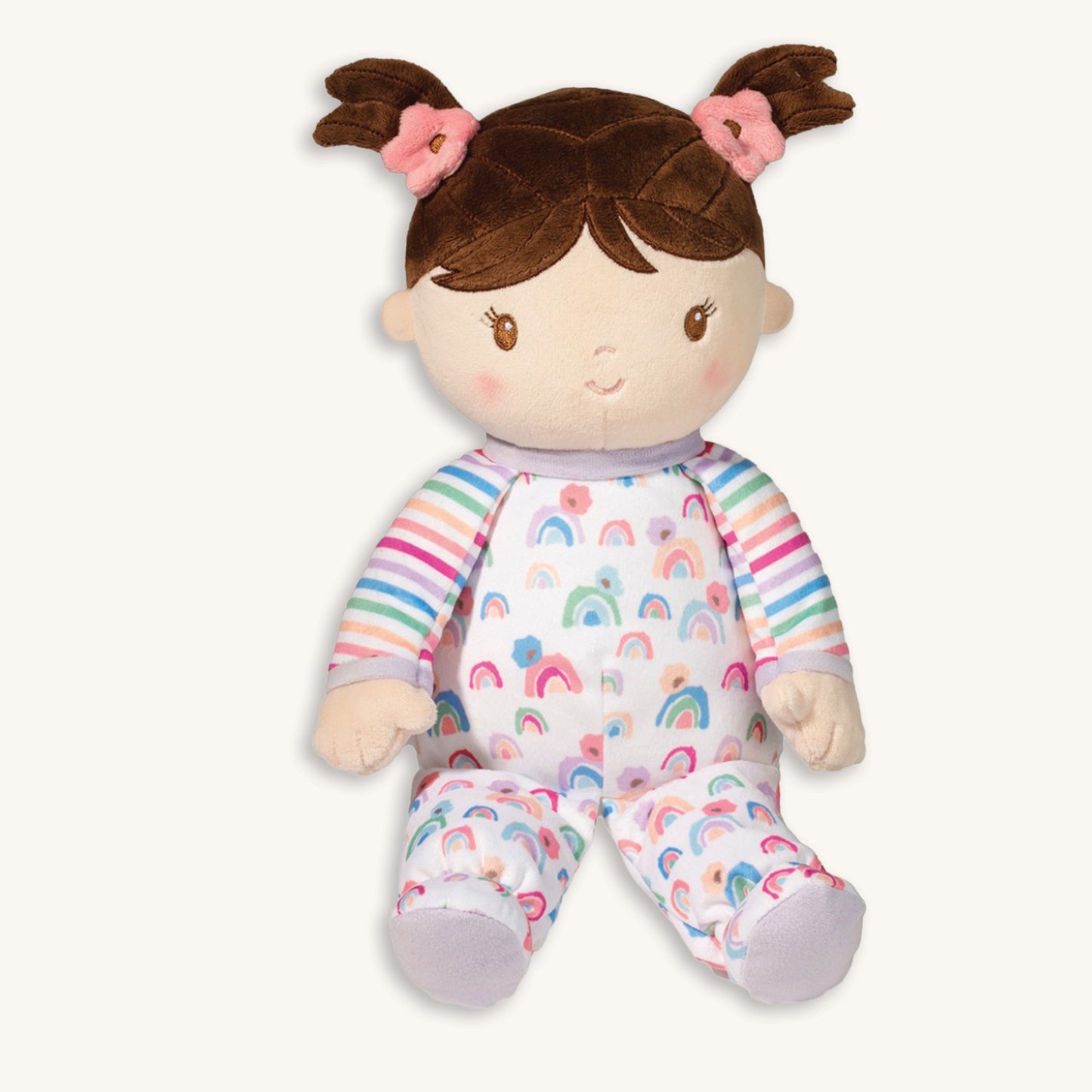 Vera Rose floral plush doll 13 inch overall with embroidered smile, rosy cheeks, floral print pajamas and matching headband, machine washable, birth+