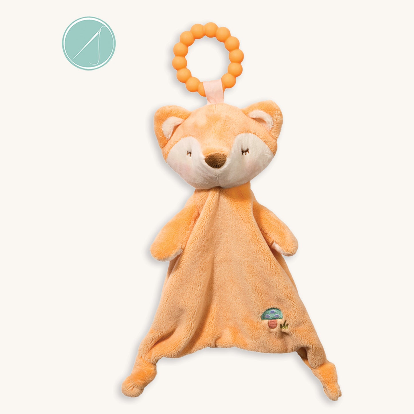 Jordan fox teether soft toy with textured 100% silicone teething ring, orange plush fox with embroidered face and mushroom accent, 10 inch, machine washable