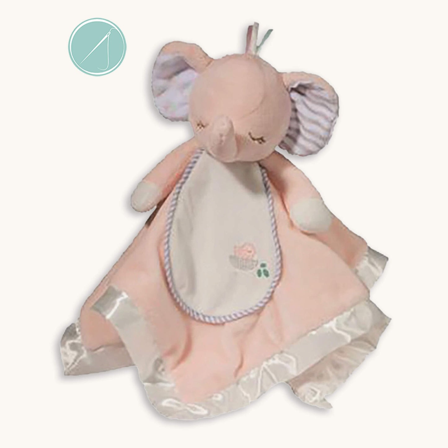 Pink elephant snuggler lovey 13 inch square in pastel pink plush with satin trim, ribbon tabs and patterned ears, embroidered face, machine washable