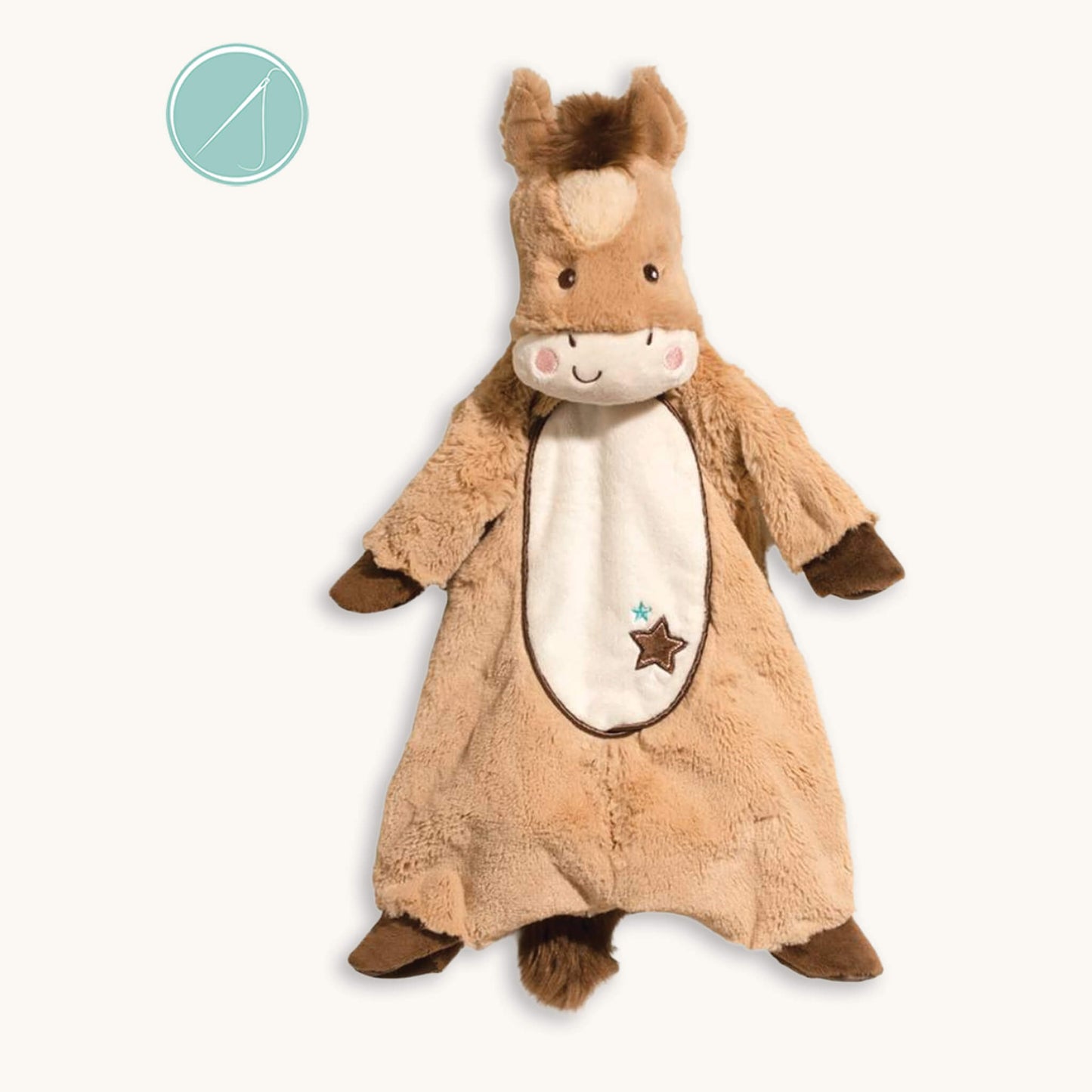 Lil’ Star Pony sshlumpie lovey 19 inch long in tan and brown plush with embroidered face and belly details, fluffy mane and tail, machine washable, birth+