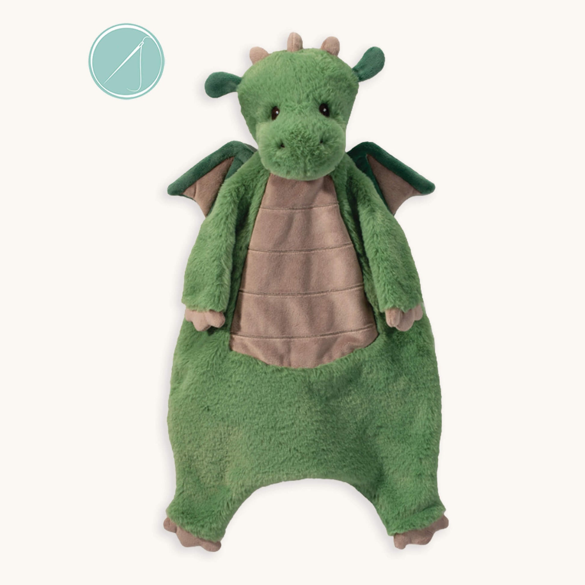 Asher dragon sshlumpie security lovey in muted green plush with brown tummy, soft wings and golden embroidered feet details, lightweight baby comfort toy