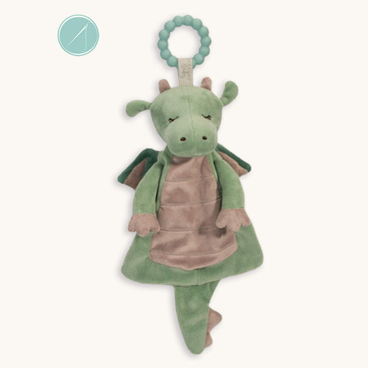 Asher dragon teether soft toy in green and brown with 100% silicone teething ring, plush dragon with embroidered details, machine washable, newborn+