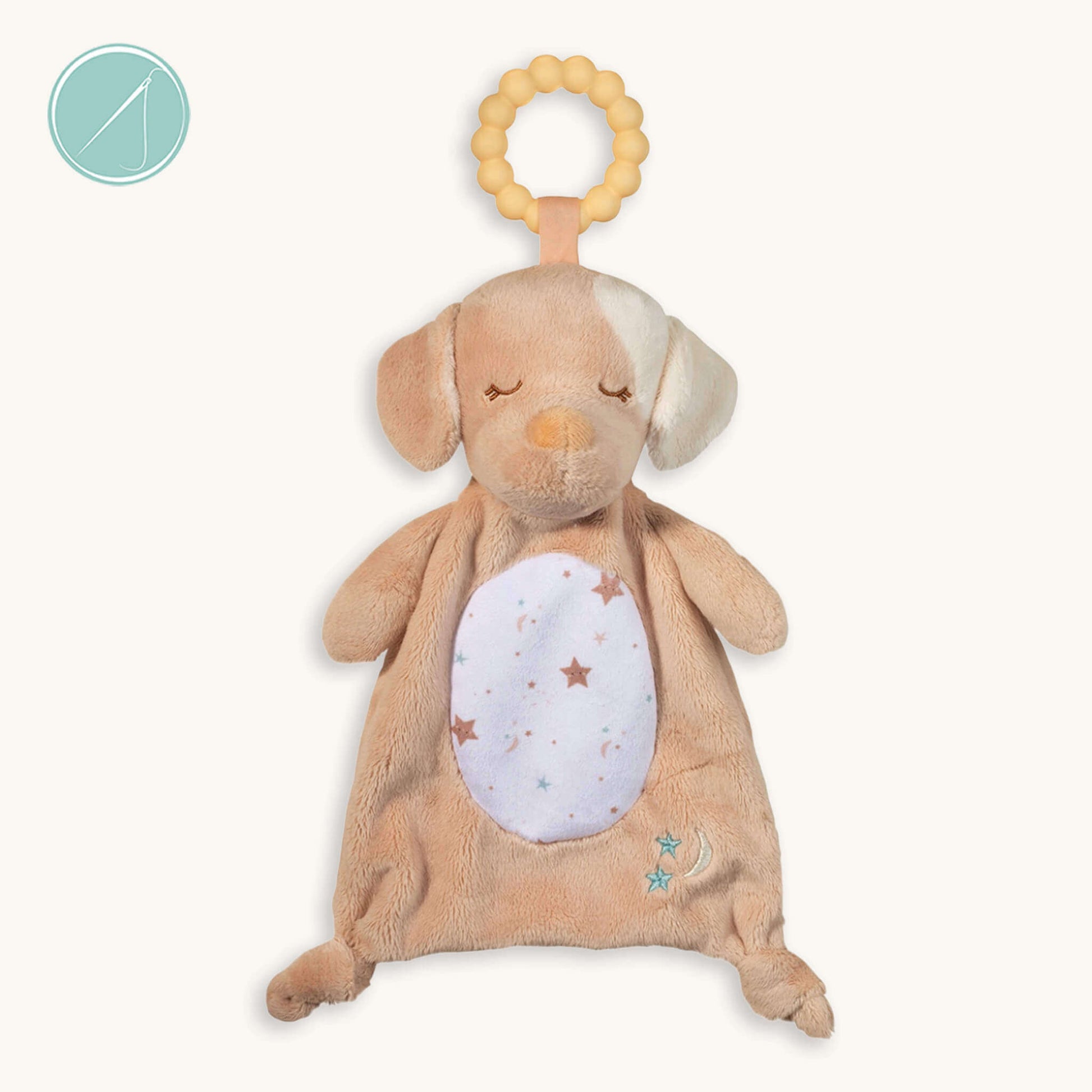 Auggie tan puppy teether soft toy with textured 100% silicone teething ring, plush puppy with embroidered sleepy face and knotted feet, 10 inch, machine washable