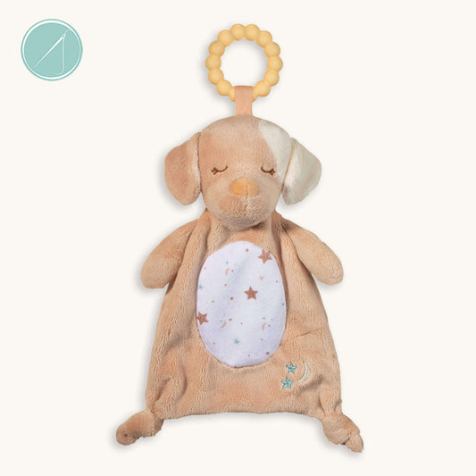 Auggie tan puppy teether soft toy with textured 100% silicone teething ring, plush puppy with embroidered sleepy face and knotted feet, 10 inch, machine washable