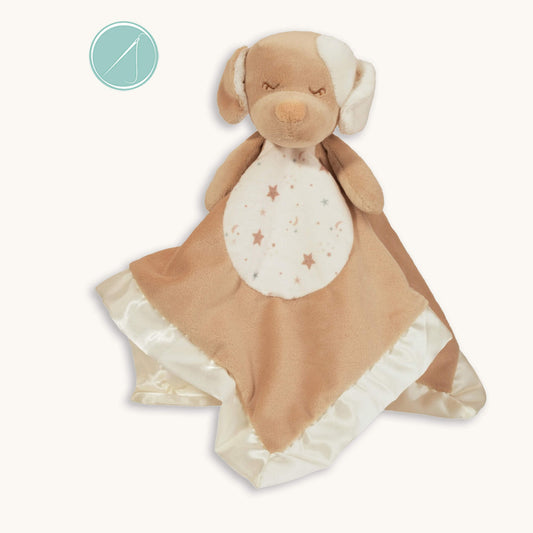 Auggie tan puppy snuggler lovey 13 inch square with silky satin trim and velvety plush, cream and tan puppy with embroidered face, birth+