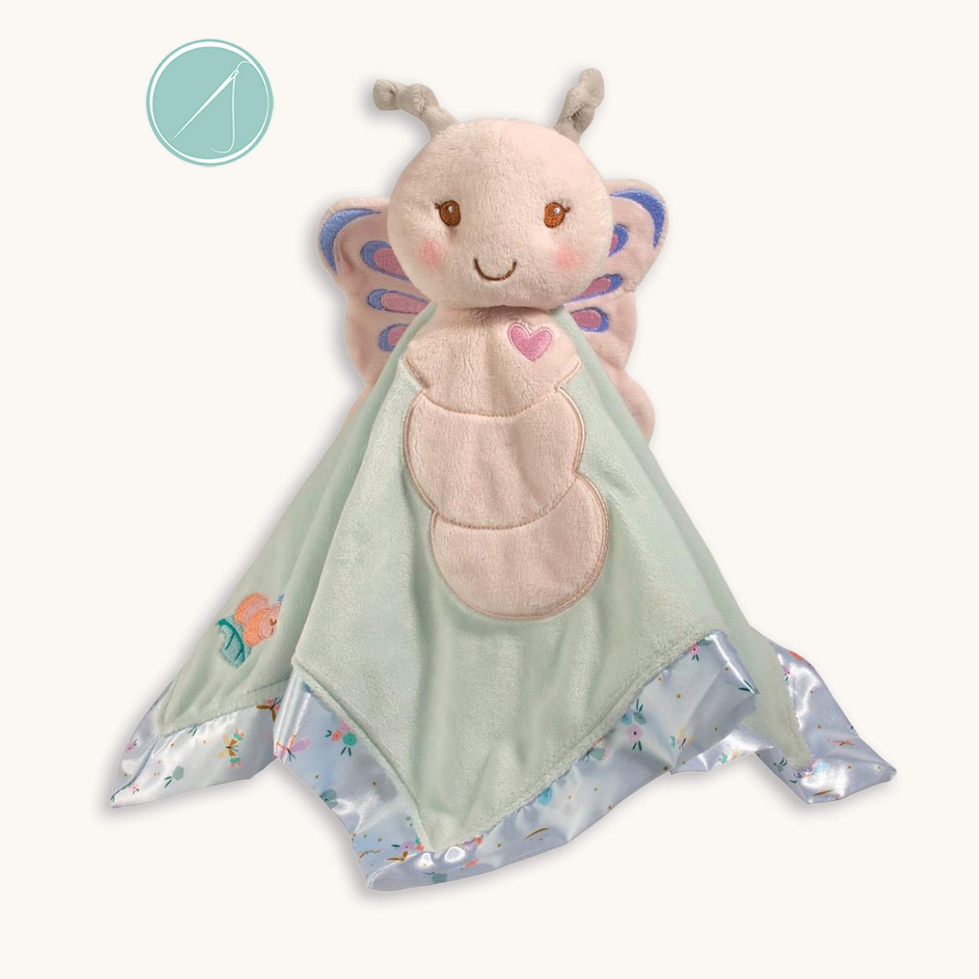 Bria butterfly snuggler lovey 13 inch square with silky satin trim, pastel plush butterfly with embroidered heart and caterpillar detail, machine washable