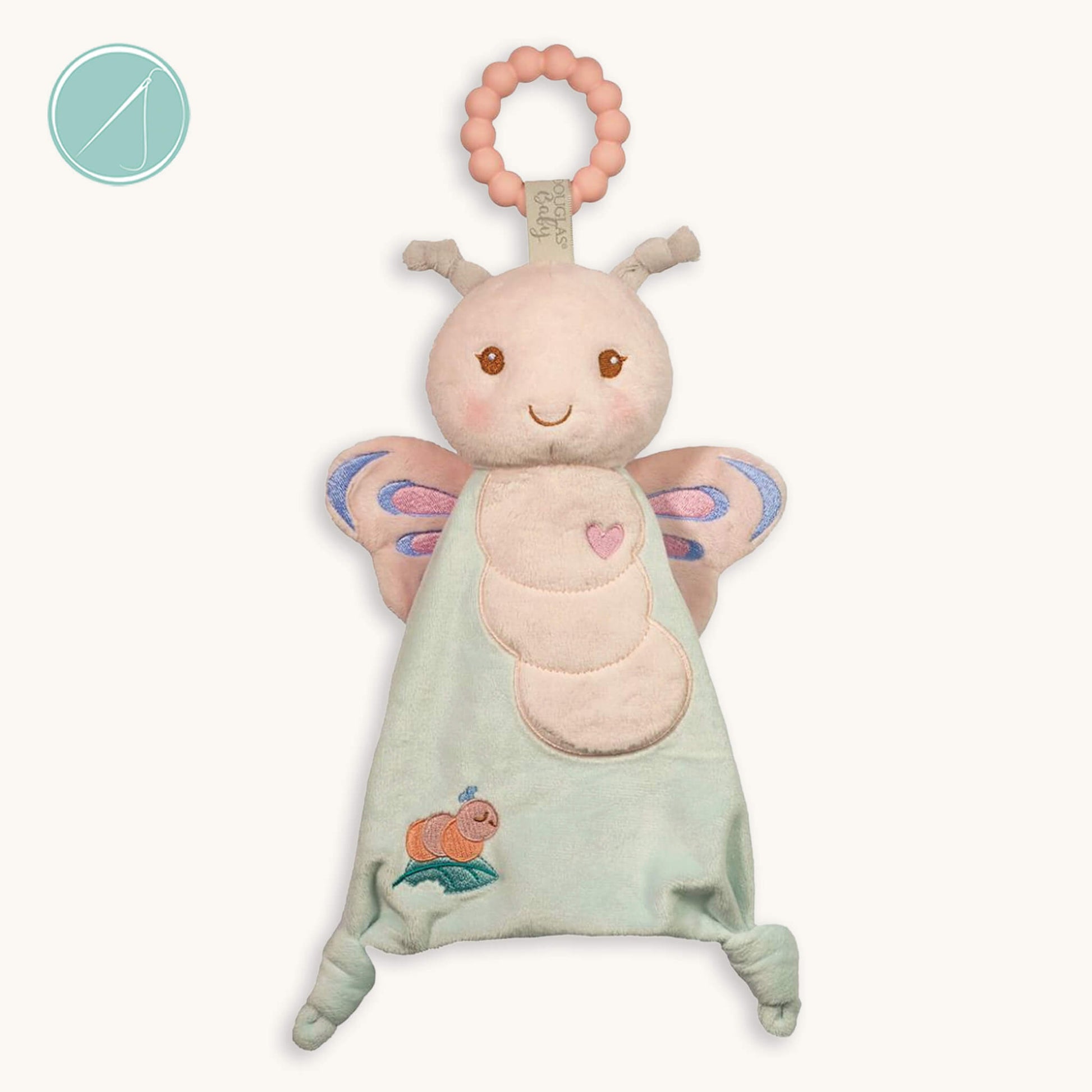 Bria butterfly teether soft toy with pale pink 100% silicone teething ring, pastel plush butterfly with embroidered wings, 10 inch, machine washable