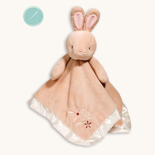 Douglas bunny lil snuggler lovey blanket 15 inch square with satin trim, ultra soft fabric, embroidered eyes and nose, flower details