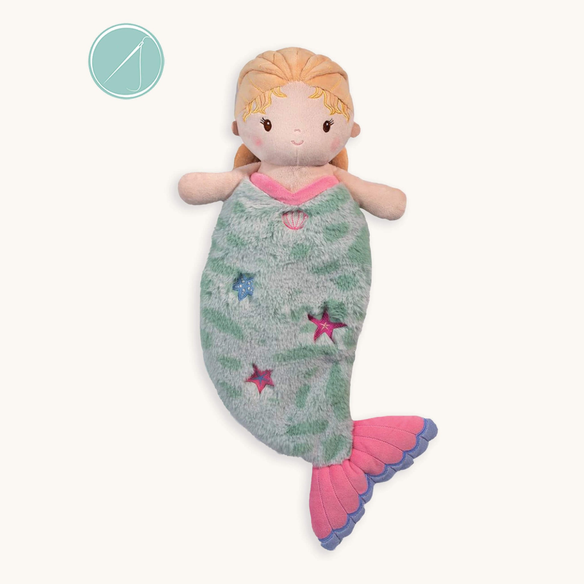 Cora mermaid sshlumpie lovey 20 inch long plush blankie with green and pink tail, starfish pattern and embroidered face, machine washable, birth+