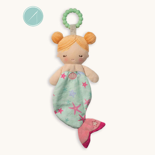 Cora mermaid baby teether soft toy with pastel green silicone teether ring, sea star print, 10 inch, machine washable
