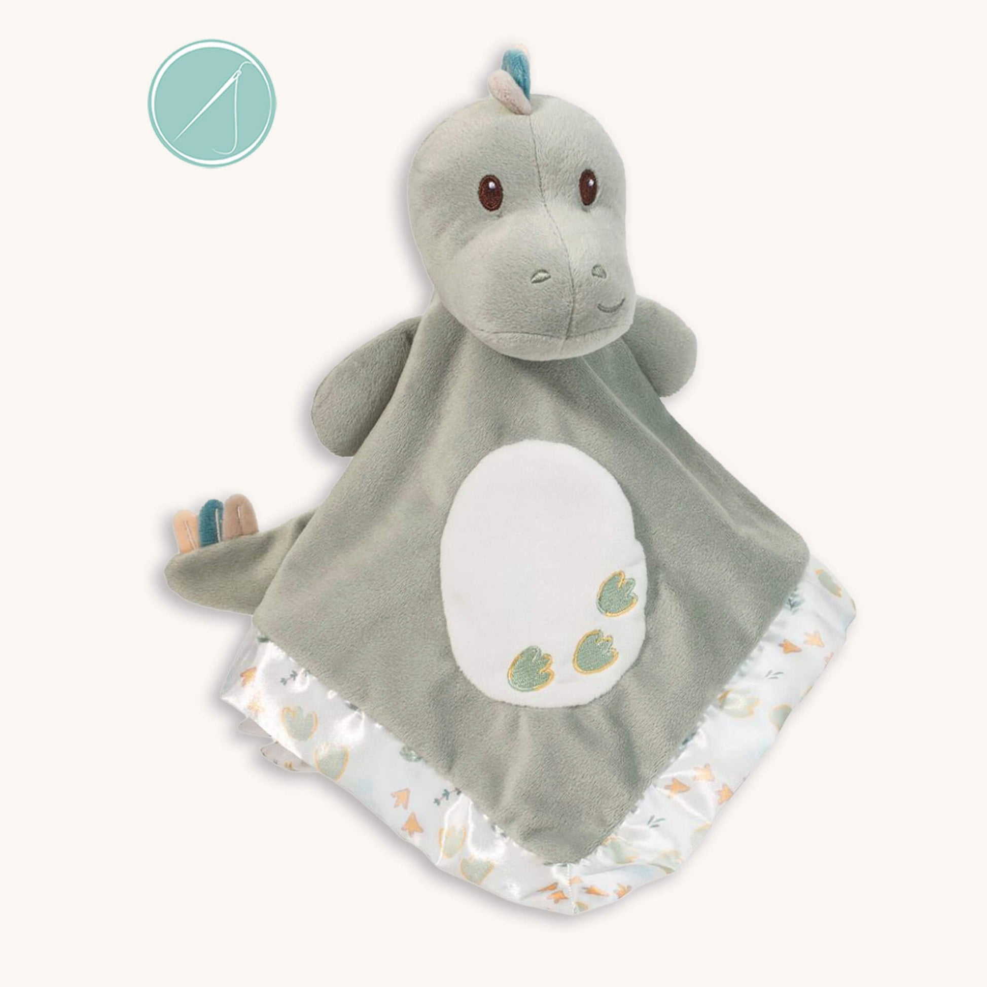 Danny dino snuggler lovey 13 inch square in sage green plush with satin edging, dinosaur tracks print and embroidered footprints, machine washable