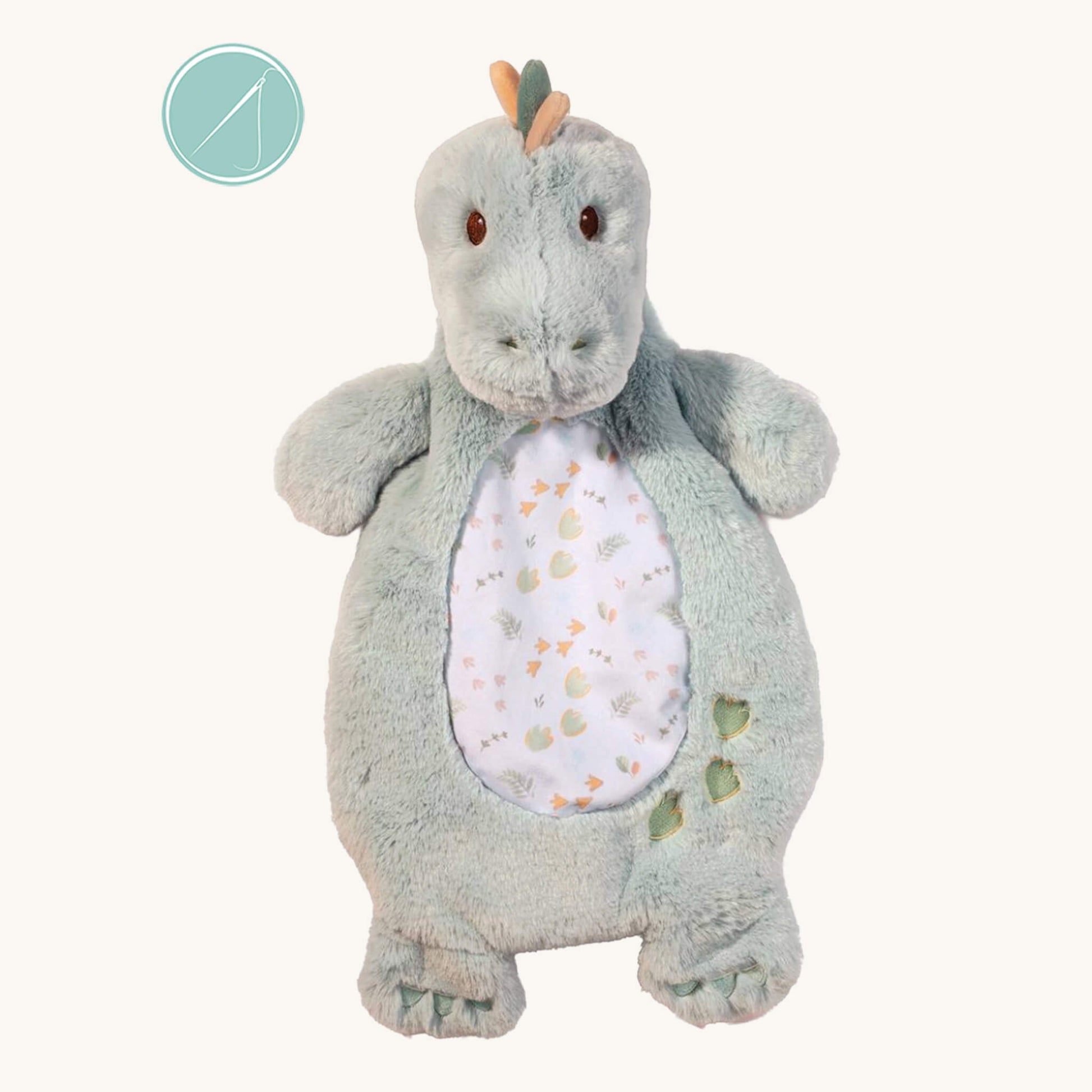 Danny dino sshlumpie lovey 19 inch long plush blankie with dinosaur track and fern print tummy, embroidered face and footprint trail, machine washable, birth+
