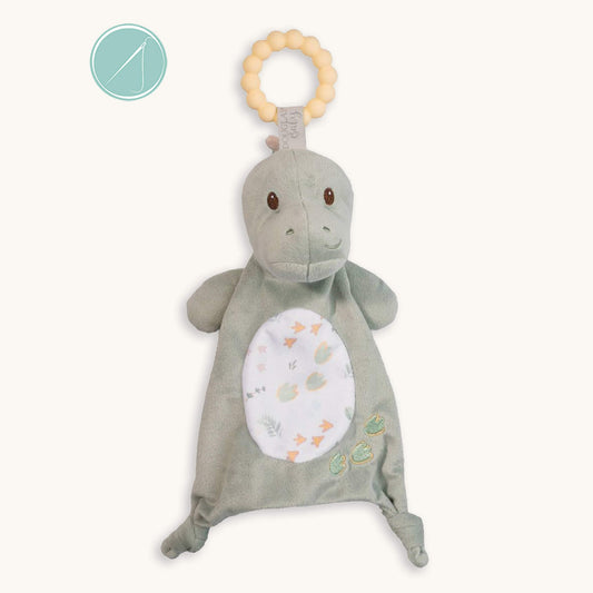 Danny dino teether soft toy with pastel yellow 100% silicone teething ring, green plush dinosaur with knotted feet and prehistoric print, 10 inch, machine washable