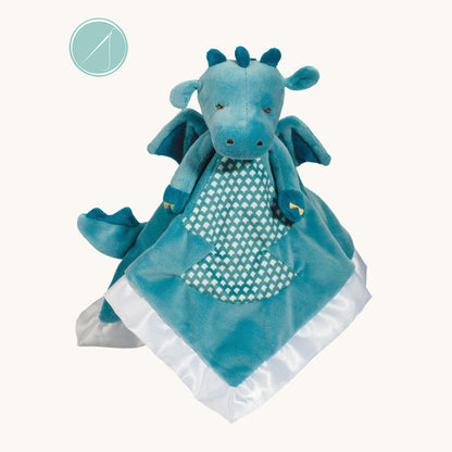 Demitri dragon lil snuggler lovey 13 inch square with velvety blue plush and satin trim, scale pattern tummy and embroidered details, machine washable
