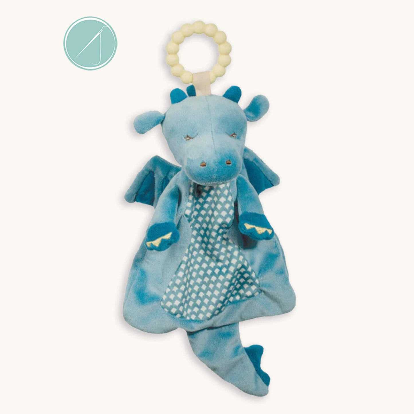 Demitri dragon teether soft toy with pastel yellow 100% silicone teething ring, velvety blue plush dragon with wings and tail, 10 inch, machine washable