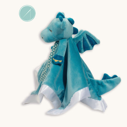 Side view of Demitri dragon lil snuggler lovey with wings, velvety blue plush and satin trim, 13 inch square baby lovey, machine washable