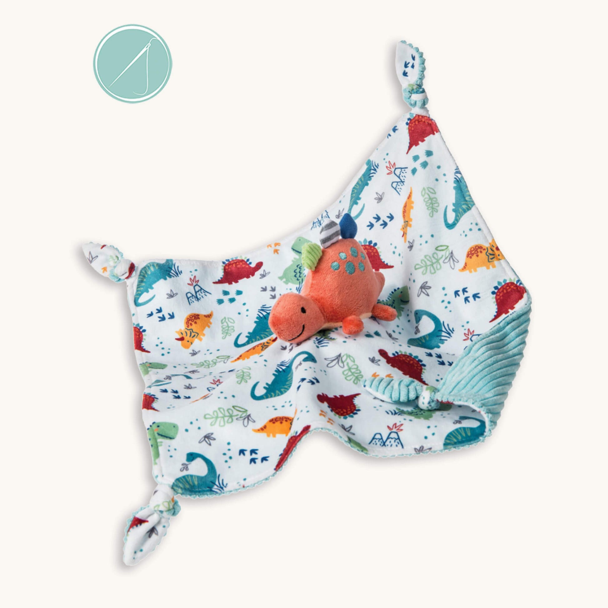 Pebblesaurus dinosaur lovey blanket 13x13 with plush dino center, Mary Meyer dino print fabric, wide wale corduroy backing and knotted corners, machine washable