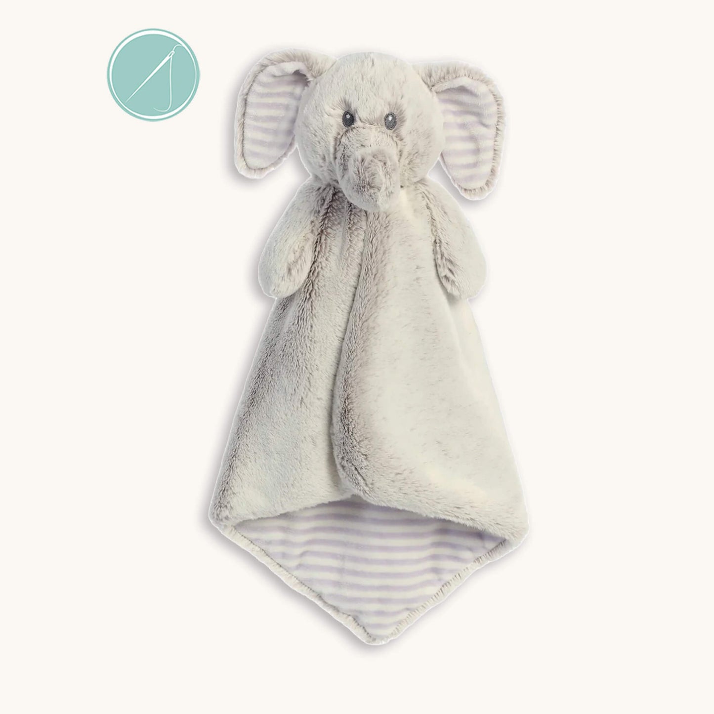 Elvin elephant luvster animal blanket lovey with two toned fabrics, giant striped ears and soft trunk, floppy cuddle comfort toy