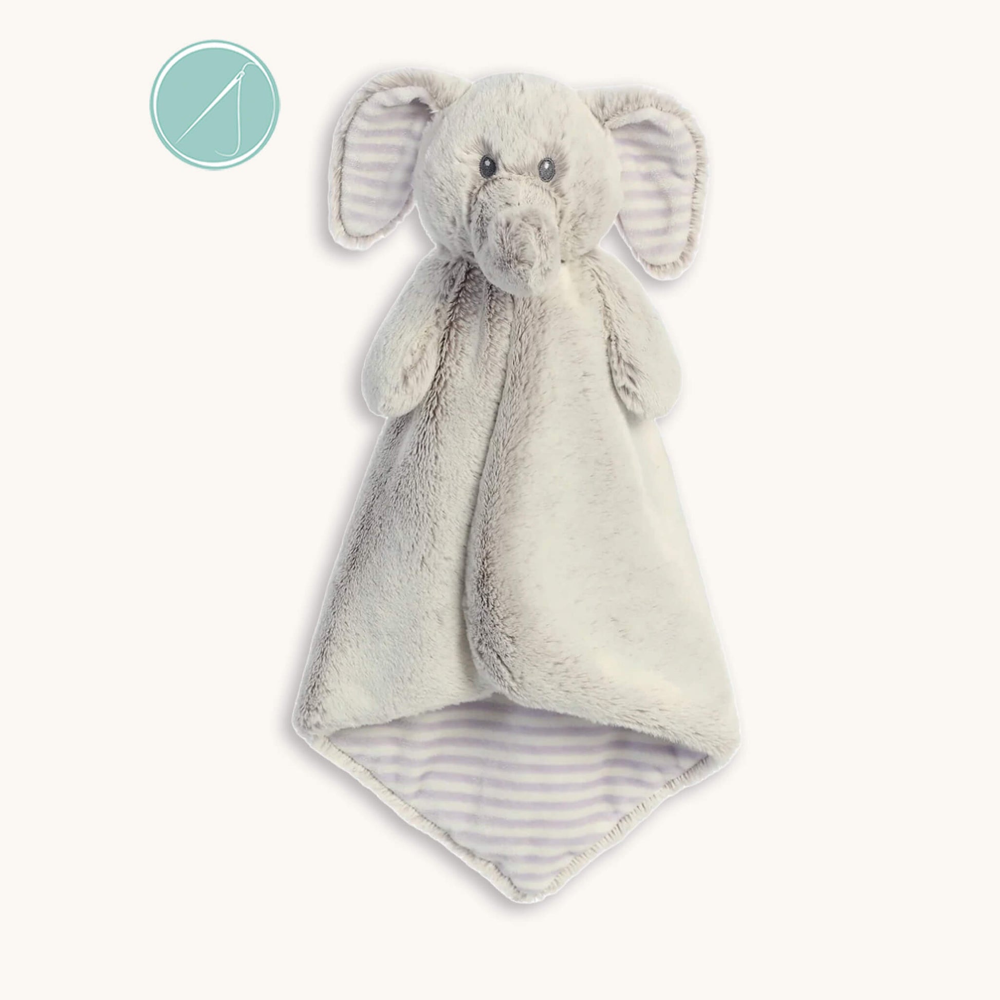 Elvin elephant luvster animal blanket lovey with two toned fabrics, giant striped ears and soft trunk, floppy cuddle comfort toy