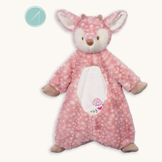 Farrah pink fawn sshlumpie lovey 19 inch long plush blankie with white spots and embroidered face, toadstool and heart tummy detail, machine washable, birth+