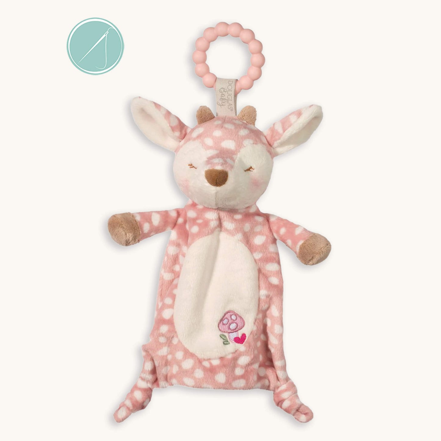 Farrah pink fawn plush teether toy with silicone teething ring, creamy spots, 10 inch, machine washable