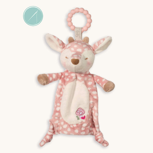 Farrah pink fawn plush teether toy with silicone teething ring, creamy spots, 10 inch, machine washable