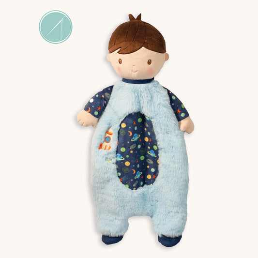 Gavin galaxy doll sshlumpie lovey 19 inch long plush blankie with baby blue doll and navy celestial print sleeves and belly, embroidered rocket detail, machine washable, birth+