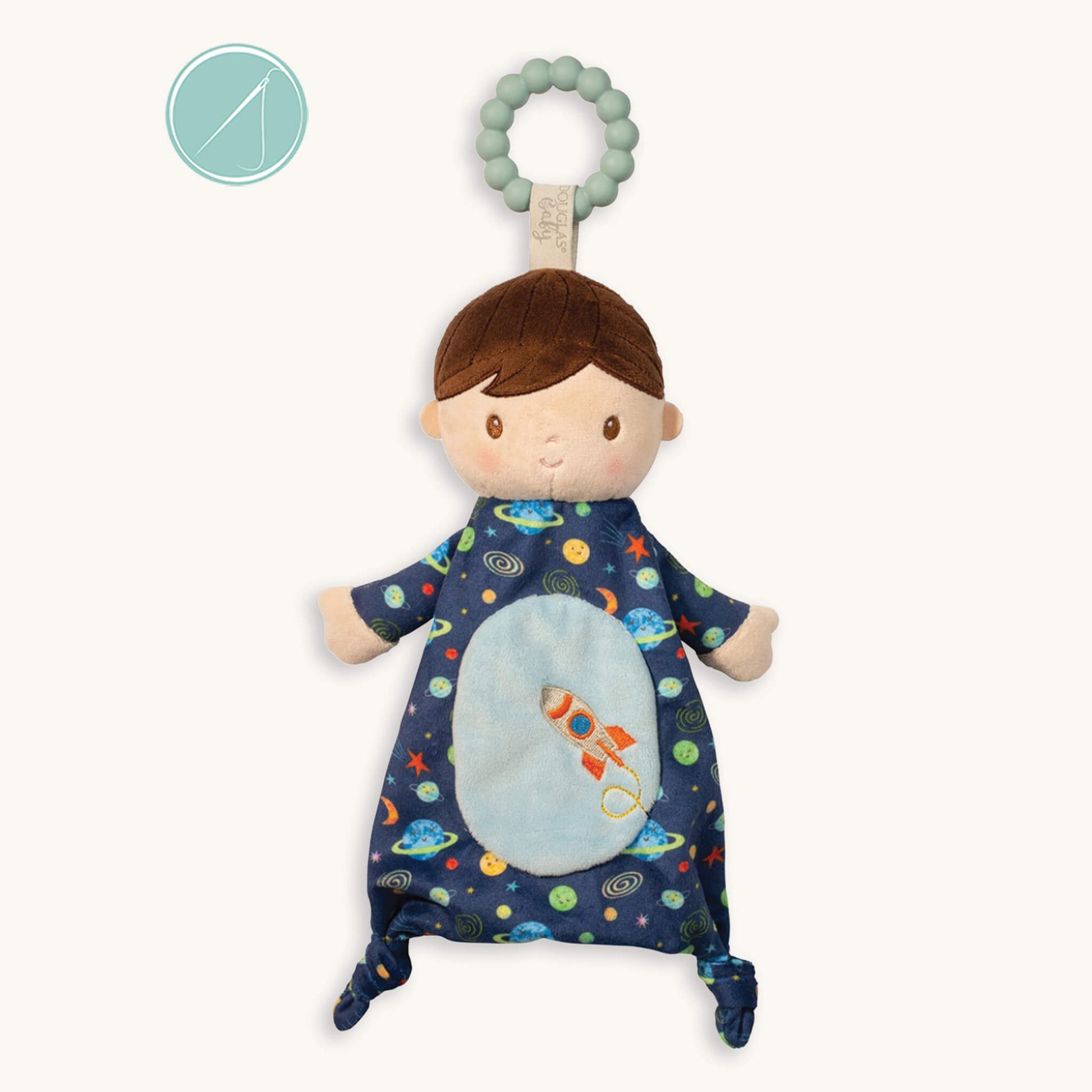 Gavin galaxy doll teether soft toy with pale blue 100% silicone teething ring, star and planet print plush doll, 10 inch, machine washable