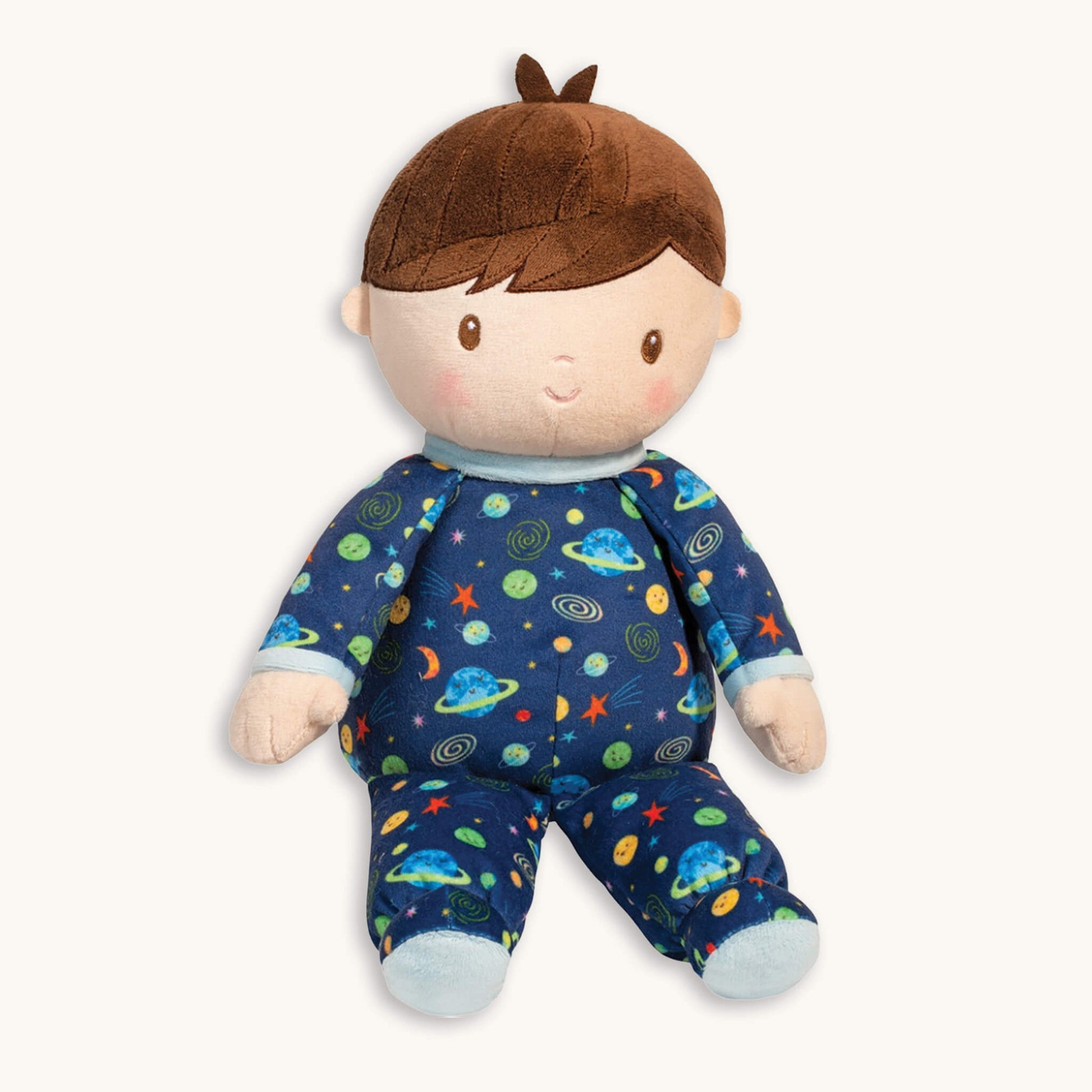 Gavin galaxy soft doll 13 inch overall with embroidered face and airbrushed cheeks, wearing navy outer space pajamas with shooting stars and celestial bodies, machine washable