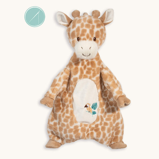 Georgie giraffe sshlumpie lovey 19 inch long plush blankie with lightly stuffed giraffe and embroidered face, soft cloven feet and bird belly accent, machine washable, birth+