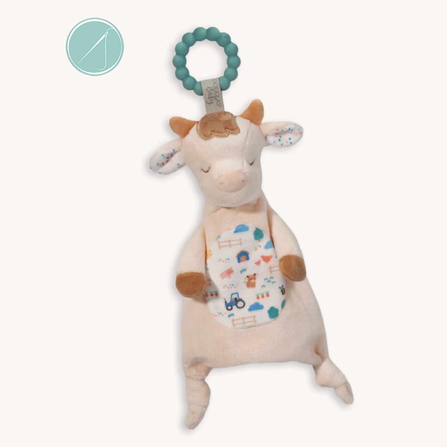 Hayes highland cow teether soft toy with 100% silicone teething ring, plush cow with embroidered details, machine washable, newborn+