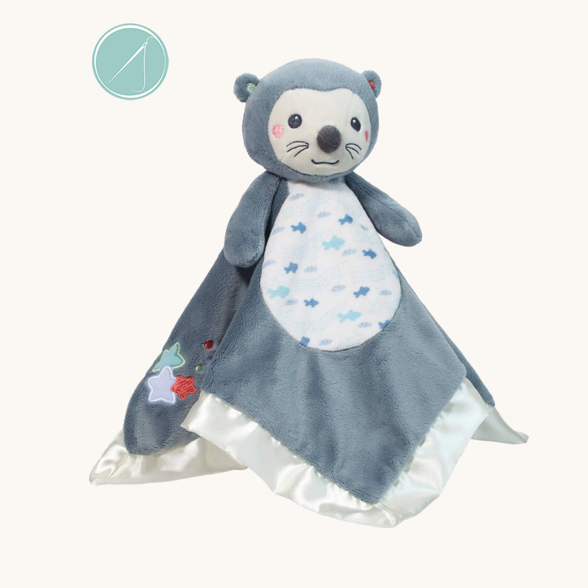Indy otter lil snuggler lovey in slate blue plush with satin trim, embroidered otter face and starfish trio corner detail, lightweight ocean baby lovey