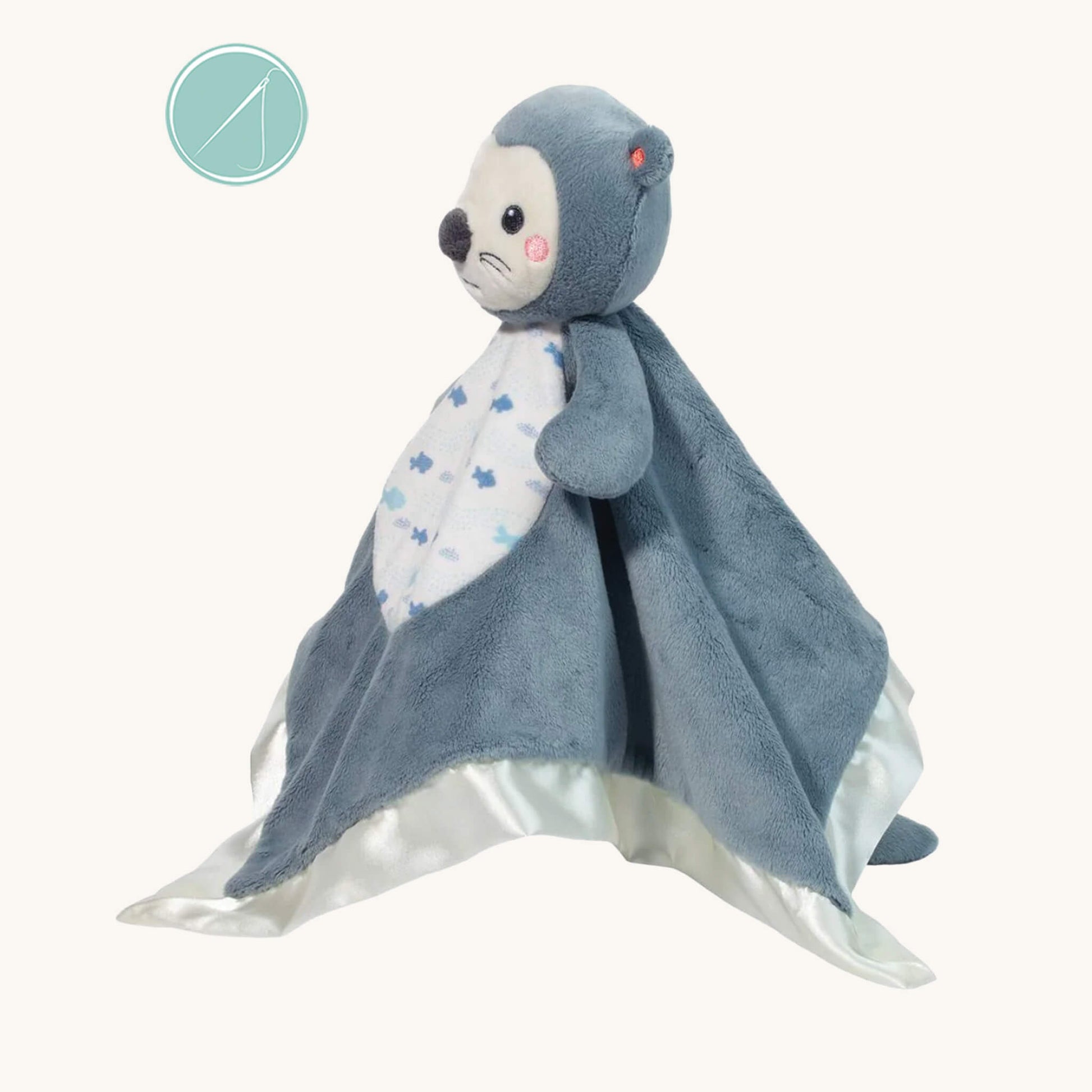 Side view of Indy Otter Lil’ Snuggler lovey in slate blue plush with silky satin trim, embroidered details, lightweight ocean-themed baby comfort blanket