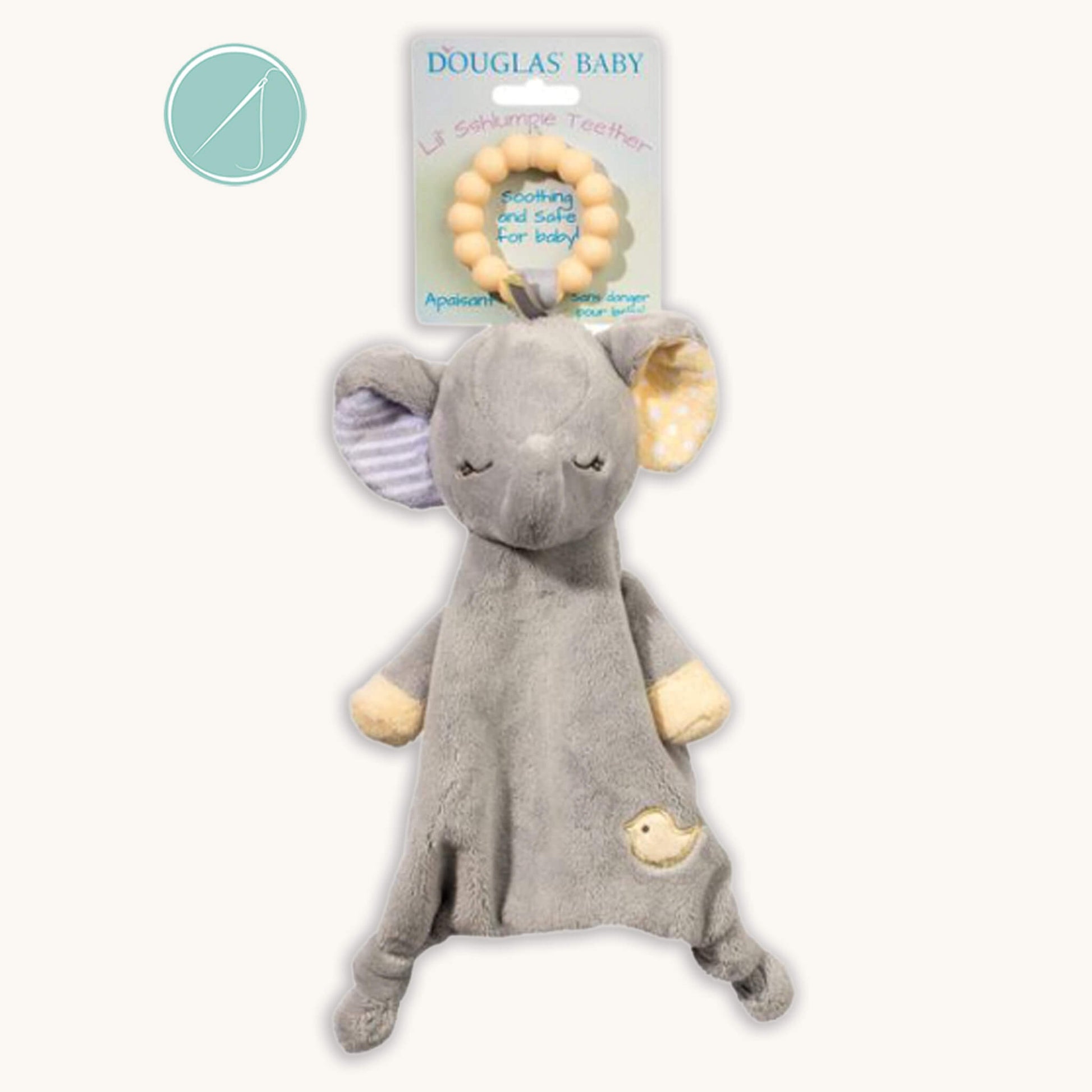 Joey elephant teether soft toy with pale yellow 100% silicone teething ring, grey plush elephant with polka dots and stripes, 10 inch, machine washable