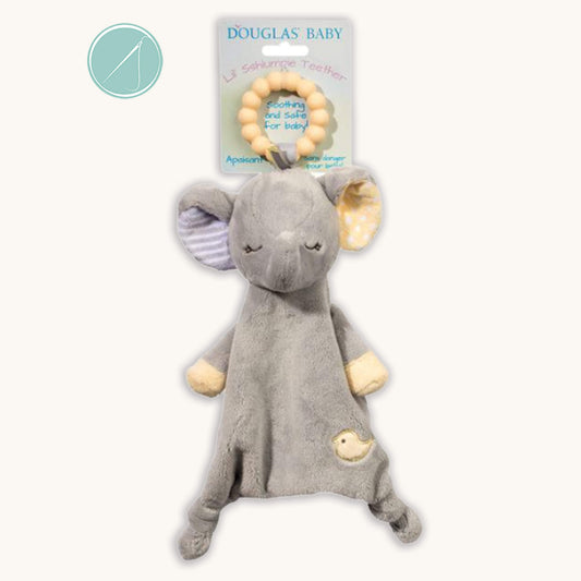 Joey elephant teether soft toy with pale yellow 100% silicone teething ring, grey plush elephant with polka dots and stripes, 10 inch, machine washable