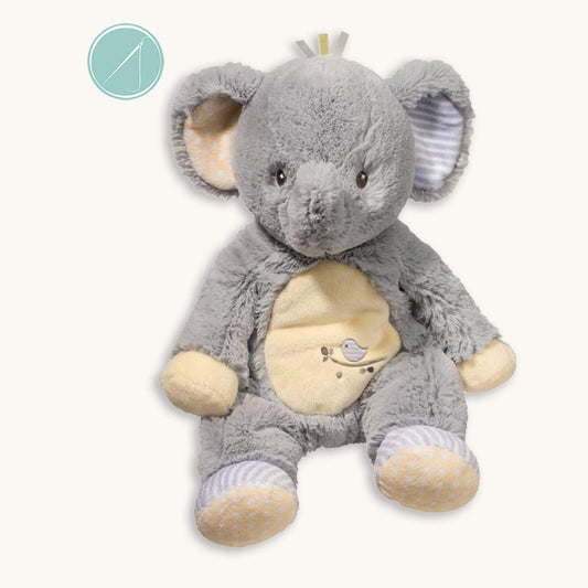 Joey elephant plumpie stuffed animal in grey plush with pastel polka dots and stripes, slouchy 10 inch plush, embroidered eyes, machine washable