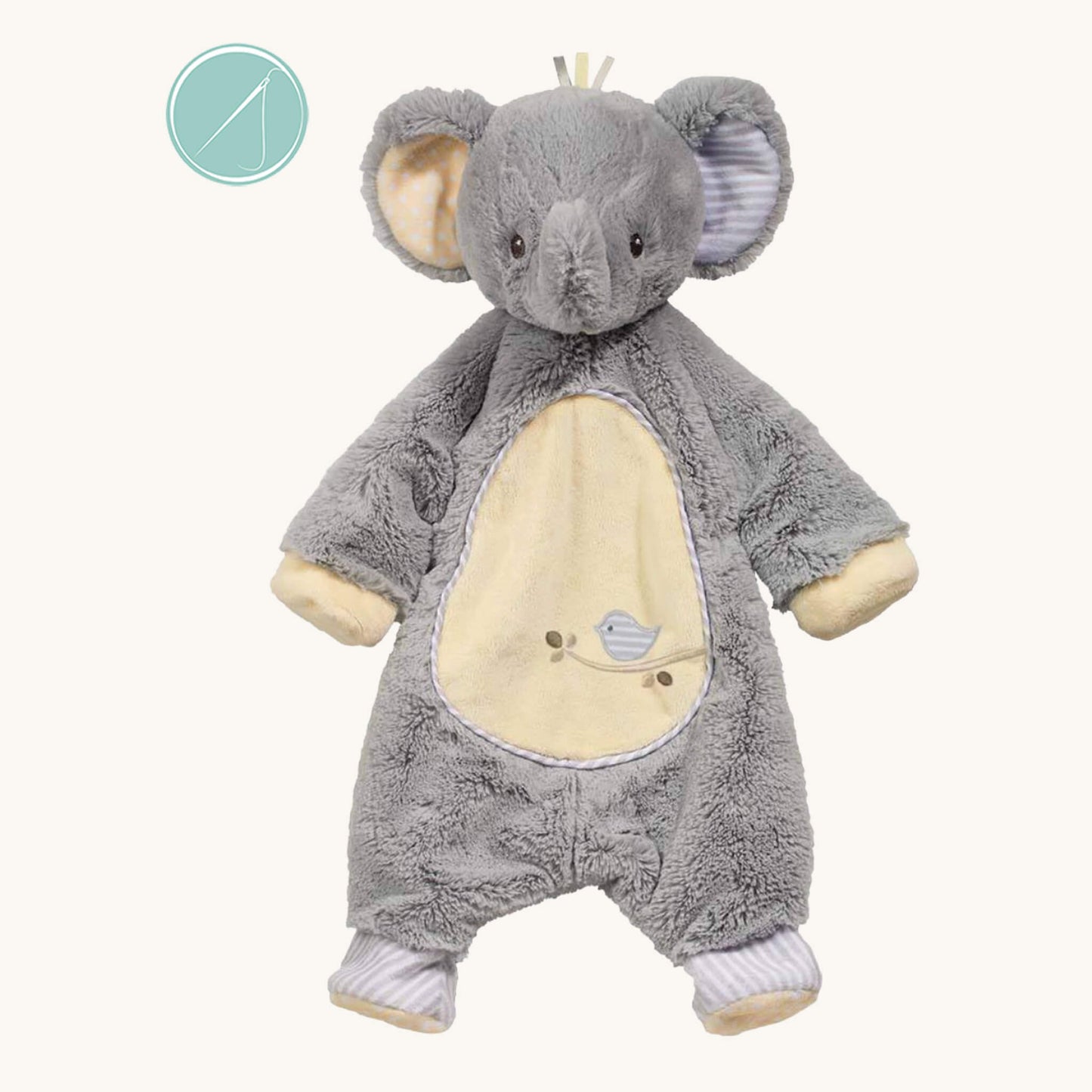 Grey elephant sshlumpie lovey 19 inch long with polka dots and stripes, pastel yellow accents and bird applique belly, machine washable baby comfort toy