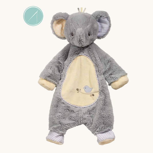 Grey elephant sshlumpie lovey 19 inch long with polka dots and stripes, pastel yellow accents and bird applique belly, machine washable baby comfort toy