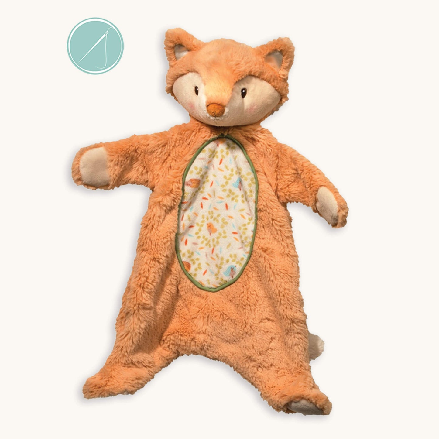 Jordan fox sshlumpie lovey 19 inch long in pastel orange plush with satin-lined ears, green piping and bird and hedgehog pattern panel, machine washable, birth+
