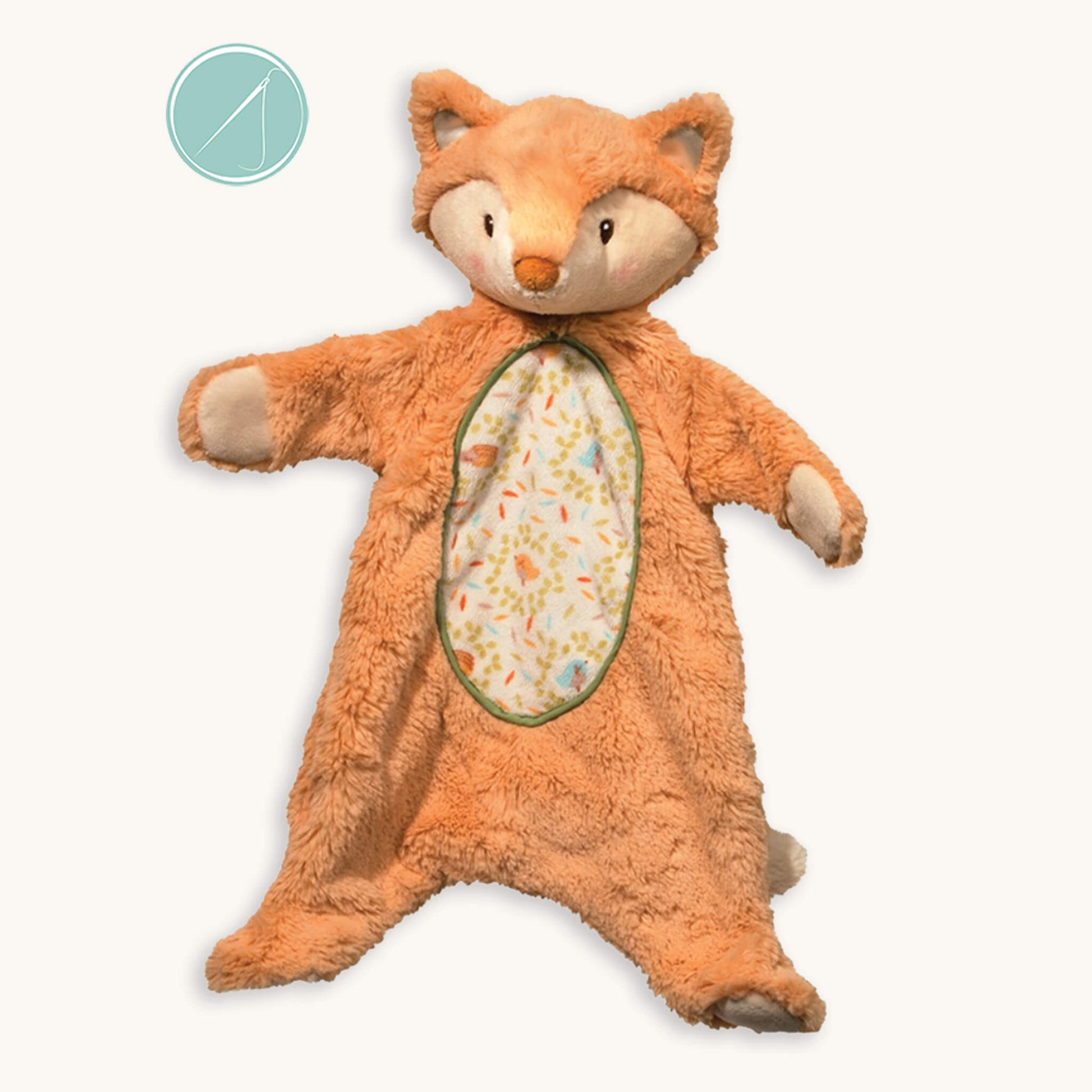 Jordan fox sshlumpie lovey 19 inch long in pastel orange plush with satin-lined ears, green piping and bird and hedgehog pattern panel, machine washable, birth+