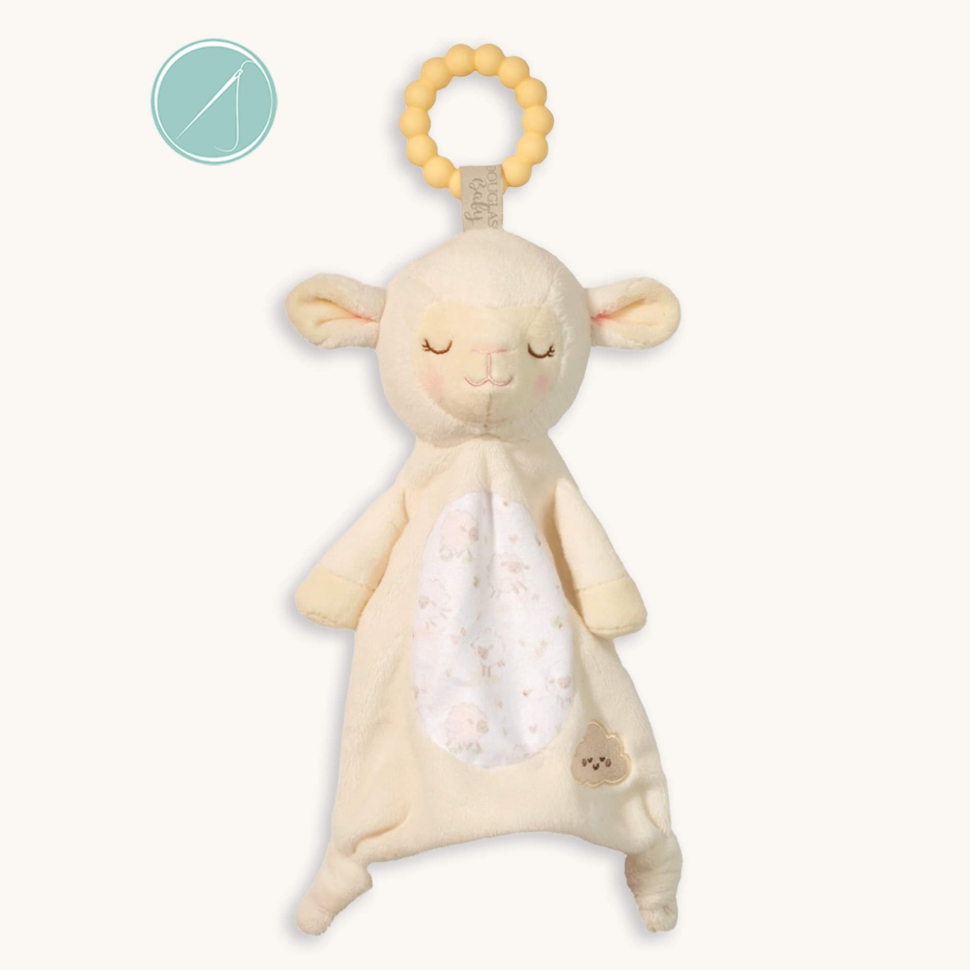 Lennox lamb teether soft toy with pastel yellow 100% silicone teething ring, creamy plush lamb with embroidered face and rosy cheeks, 10 inch, machine washable