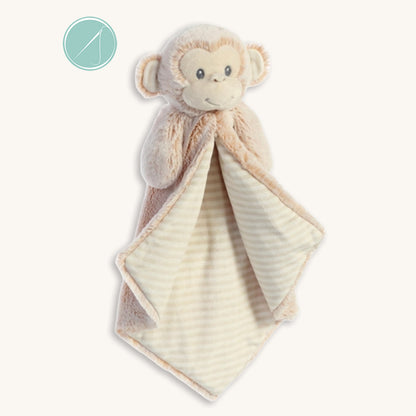 Marlow monkey luvster by Ebba Baby 14 inch lovey blanket with plush monkey head and arms, embroidered facial features, surface washable baby comfort blanket
