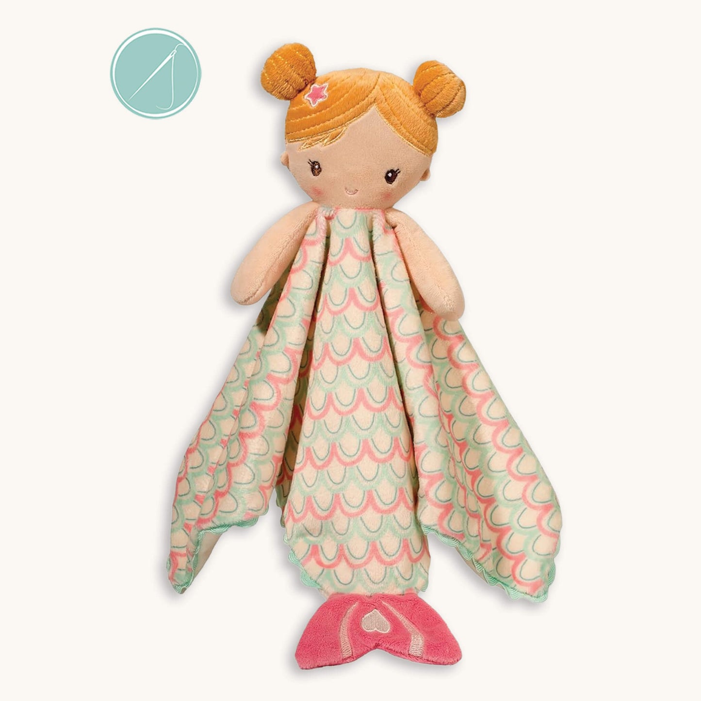 Douglas Playful Little Mermaid lil snuggler lovey with pale green rickrack trim, embroidered fin detail and sea star hair accessory, machine washable