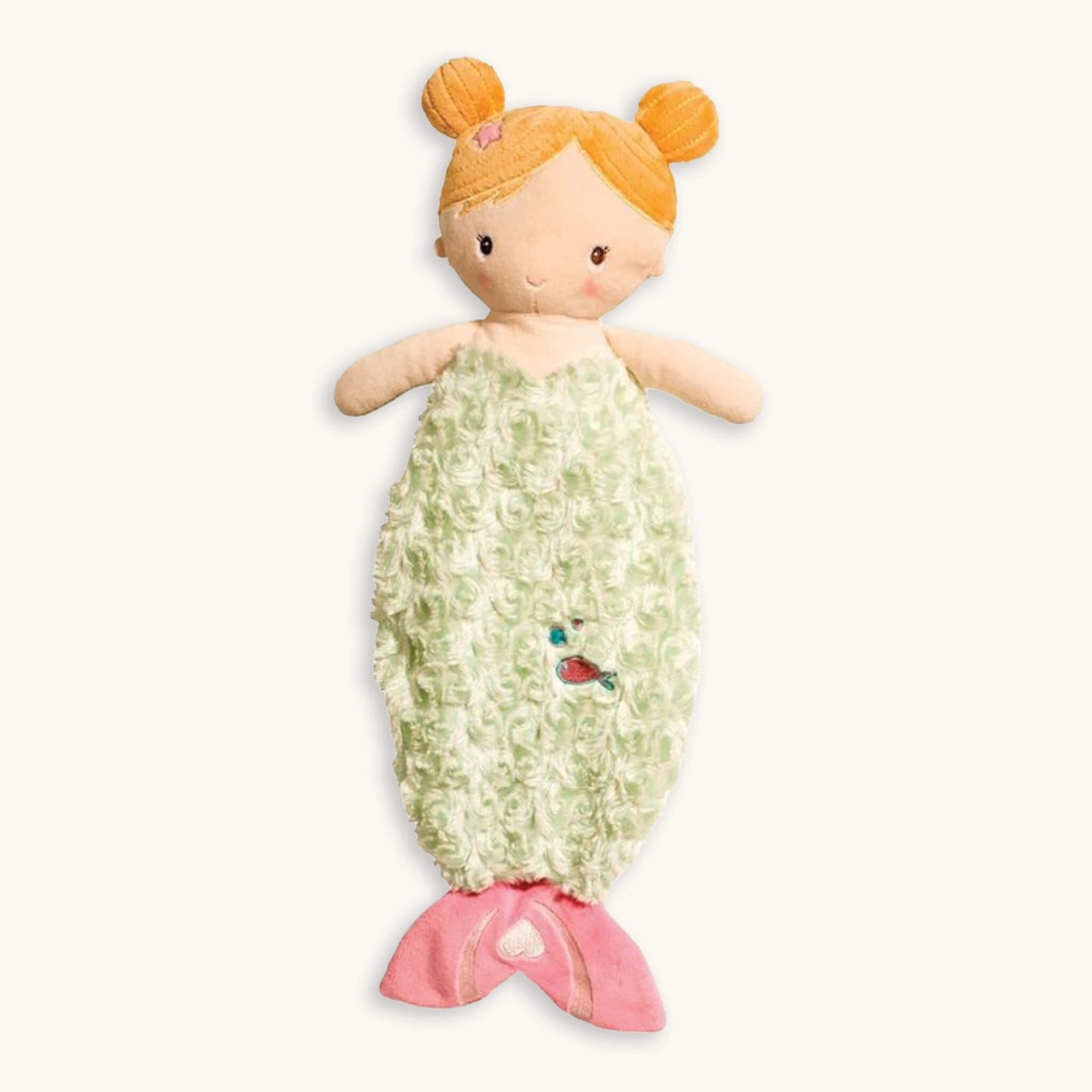 Playful Little Mermaid sshlumpie lovey 19 inch long plush blankie with pastel colours, embroidered details and airbrushed facial accents, understuffed for cuddles