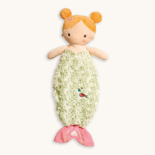 Playful Little Mermaid sshlumpie lovey 19 inch long plush blankie with pastel colours, embroidered details and airbrushed facial accents, understuffed for cuddles